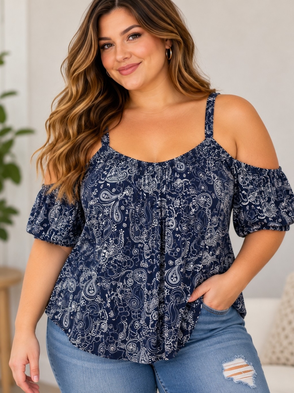 Torrid Size 2 Navy Blue Paisley Cold Shoulder Short Sleeve Flowy Top